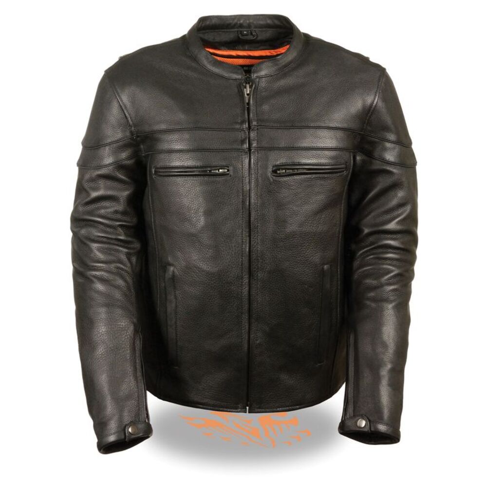 Mens Leather Sporty Scooter Crossover Jacket  Carry Milled Cowhide